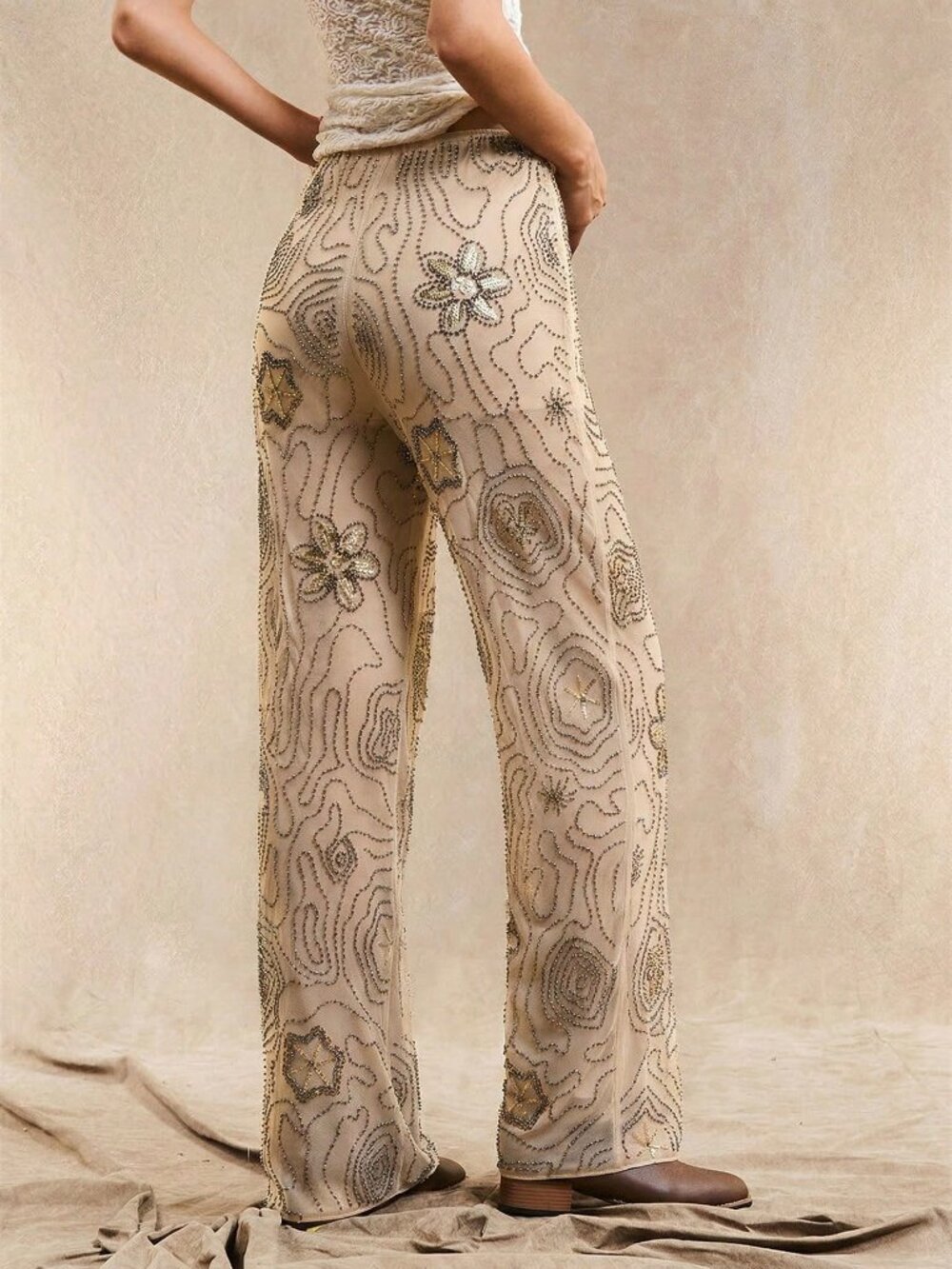 Apricot Boho Women's Loose Straight Leg Pants With Beaded Pattern - Picture 2 of 4
